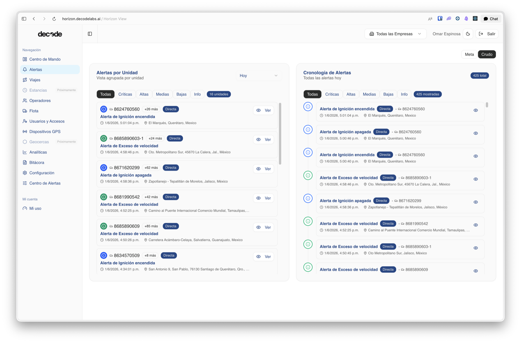 Consola de Horizon: alertas de flota agrupadas por unidad y cronología de eventos en tiempo real.